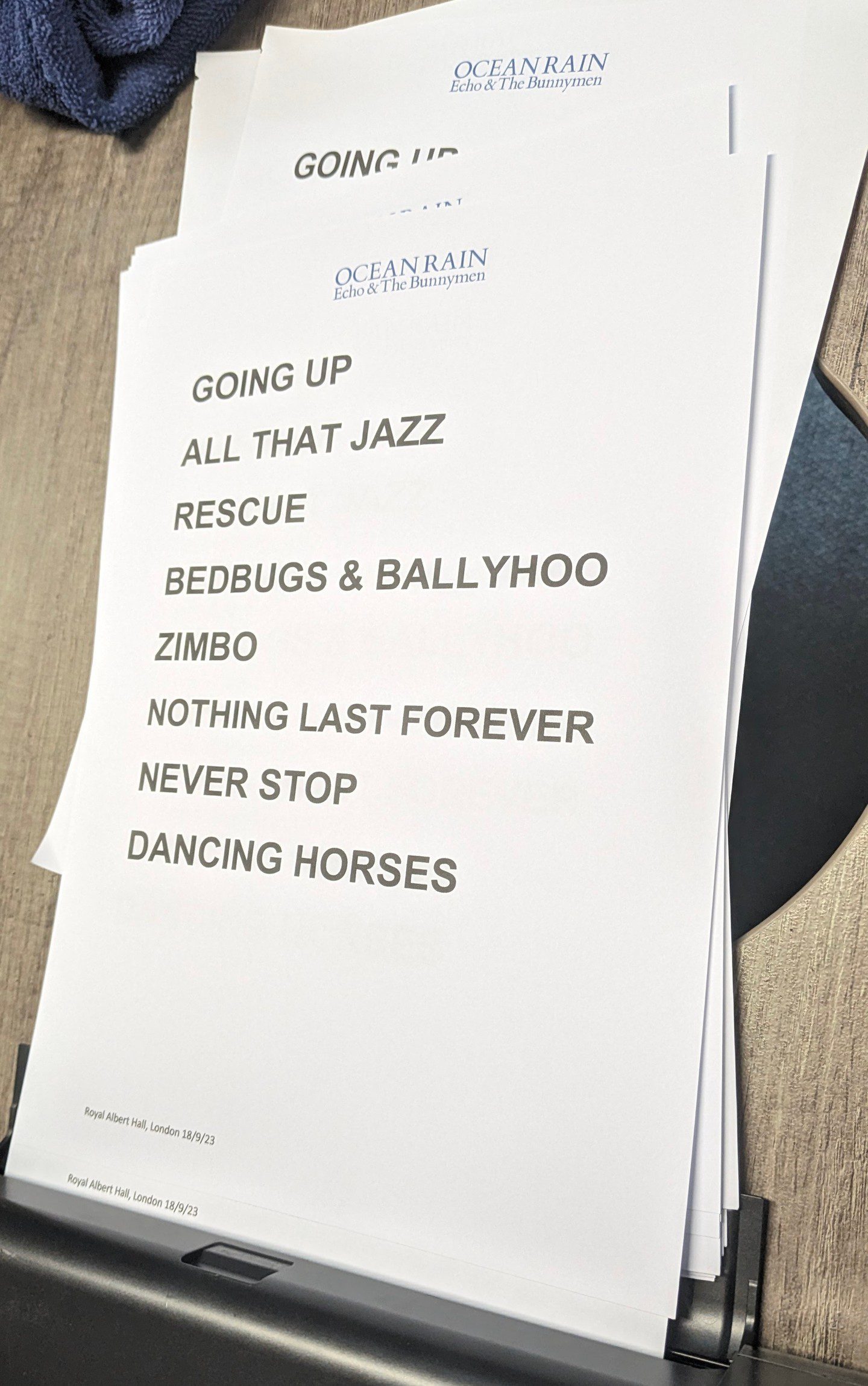 Setlist for the first set at The Albert Hall London.