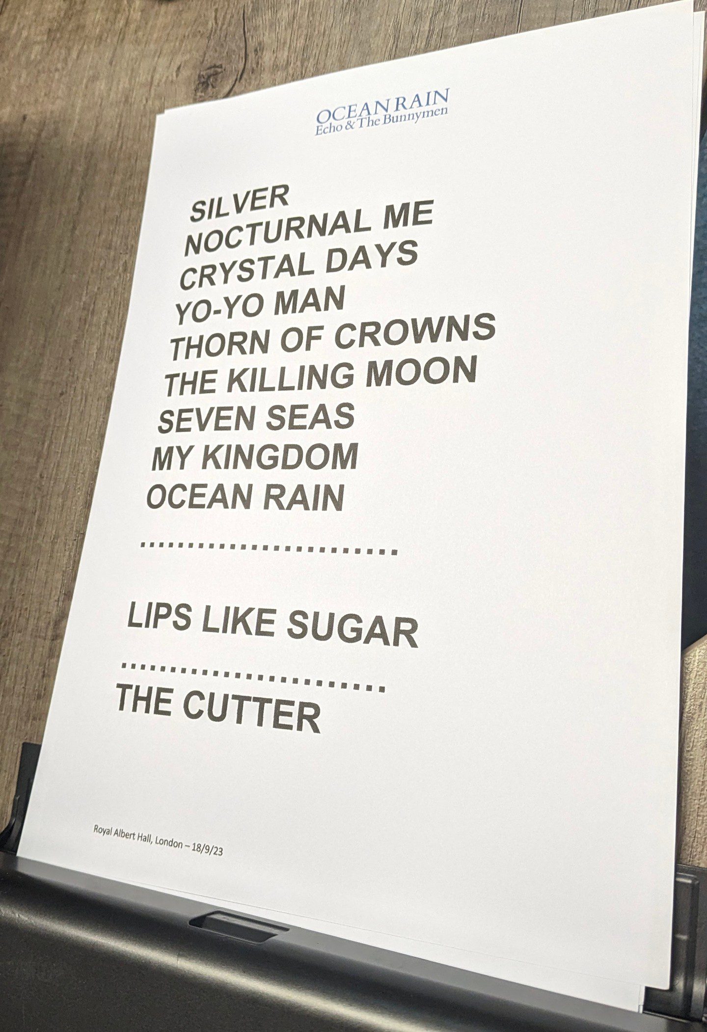 Set list for the second set at the Albert Hall.