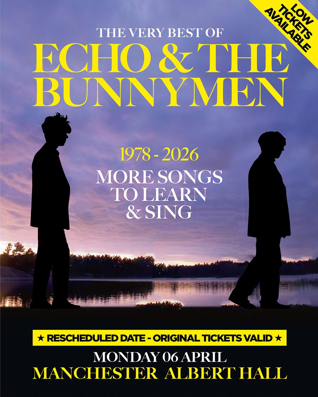 Echo & The Bunnymen’s Manchester Albert Hall show, originally scheduled for 11th March, has now been rescheduled to 6th April 2026. All original tickets remain valid. A limited number of tickets are available now from https://tix.to/EATBMcr