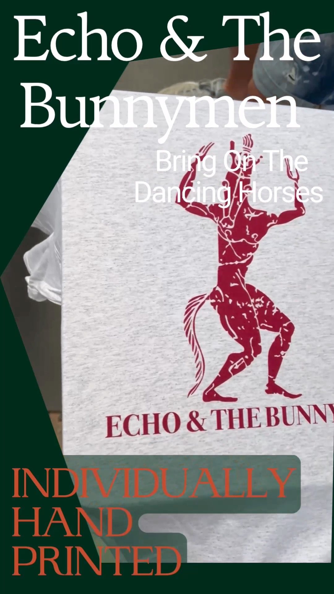 Each shirt is hand screen printed. Our chaps use a hands on approach which enables them to apply great care and attention to detail. This means that your Echo & The Bunnymen 'Bring On The Dancing Horses'T-Shirt has been loved every step of the way. All sizes are now back in stock. Whant it for our Glasgow gig, order before 12pm Wednesday 25th. 🐰🎠
LINK IN BIO