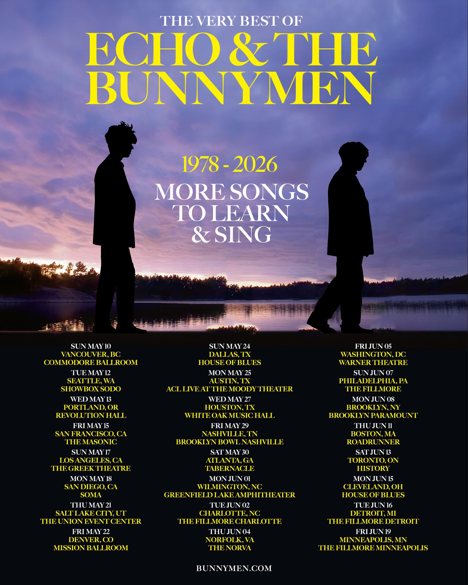 We’re thrilled to announce that Echo & The Bunnymen are heading back to North America in 2026! 🇺🇸🇨🇦
Fans can get early access tickets from Tuesday, Oct 21 (10AM local) until Thursday, Oct 23 (10PM local) using the code 👉 VERYBEST.
General sale starts Friday, Oct 24 (10AM local).
Don’t miss your chance to be part of something special. 🐰
LINK IN BIO