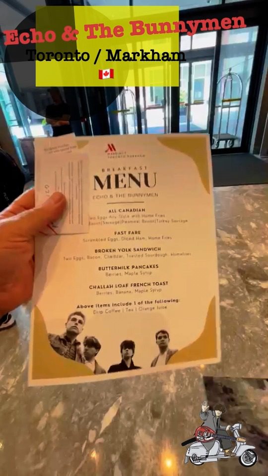 Canada, we've arrived! 🇨🇦
Will Sergeant and the gang have crossed the border and landed in Markham, just outside Toronto. A huge thank you to the team at @marriotthotels  for the warm welcome and superb hospitality — they even surprised the band with a bespoke Echo & The Bunnymen breakfast menu. Now that's rock 'n' roll service. 🐰🍳